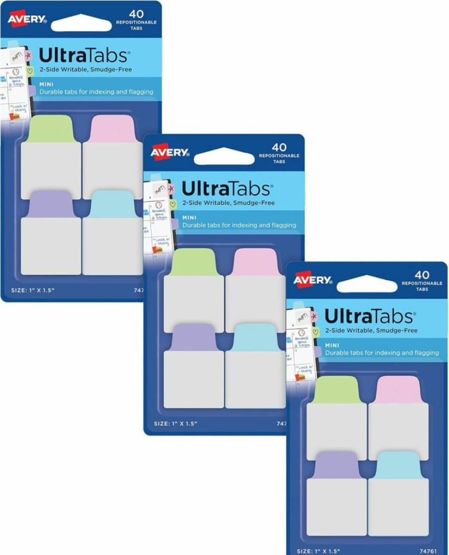 Avery Ultra Tabs Mini Tabs 1" x 1.5" Repositionable Self-Adhesive Labels, 2-Side Writable Pastel Colors, 40 per Pack, 3-Pack (120 Total) - 74761