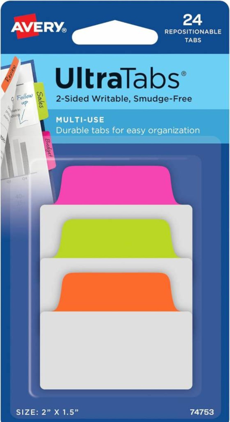 AVERY Neon Repositionable Tabs, 2" x 1.5", 2-Sided Writable, Multi-Color (Pink/Green/Orange), 24-Pack for Organizing Files and Documents (74753)