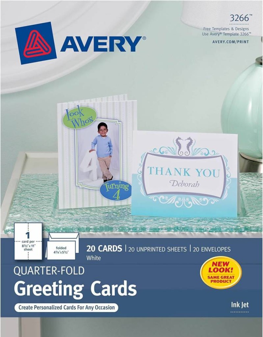 AVERY 3266 Matte White Printable Greeting Cards, 4.25" x 5.5" Quarter-Fold Blank Cards with Envelopes, 20-Pack