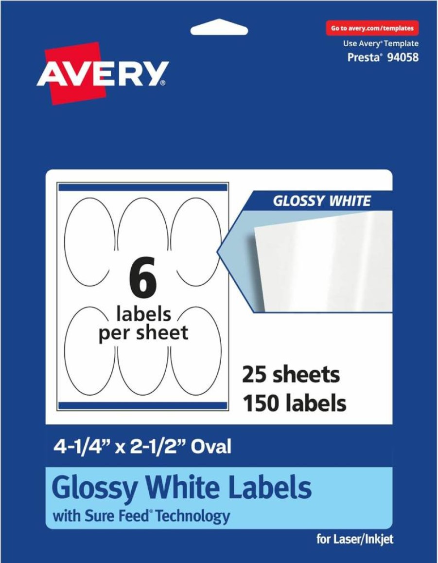 Avery Glossy White Oval Labels 4.25" x 2.5" - 60 Pack, Permanent Adhesive, Laser/Inkjet Printable, Sure Feed Technology for Smooth Printing