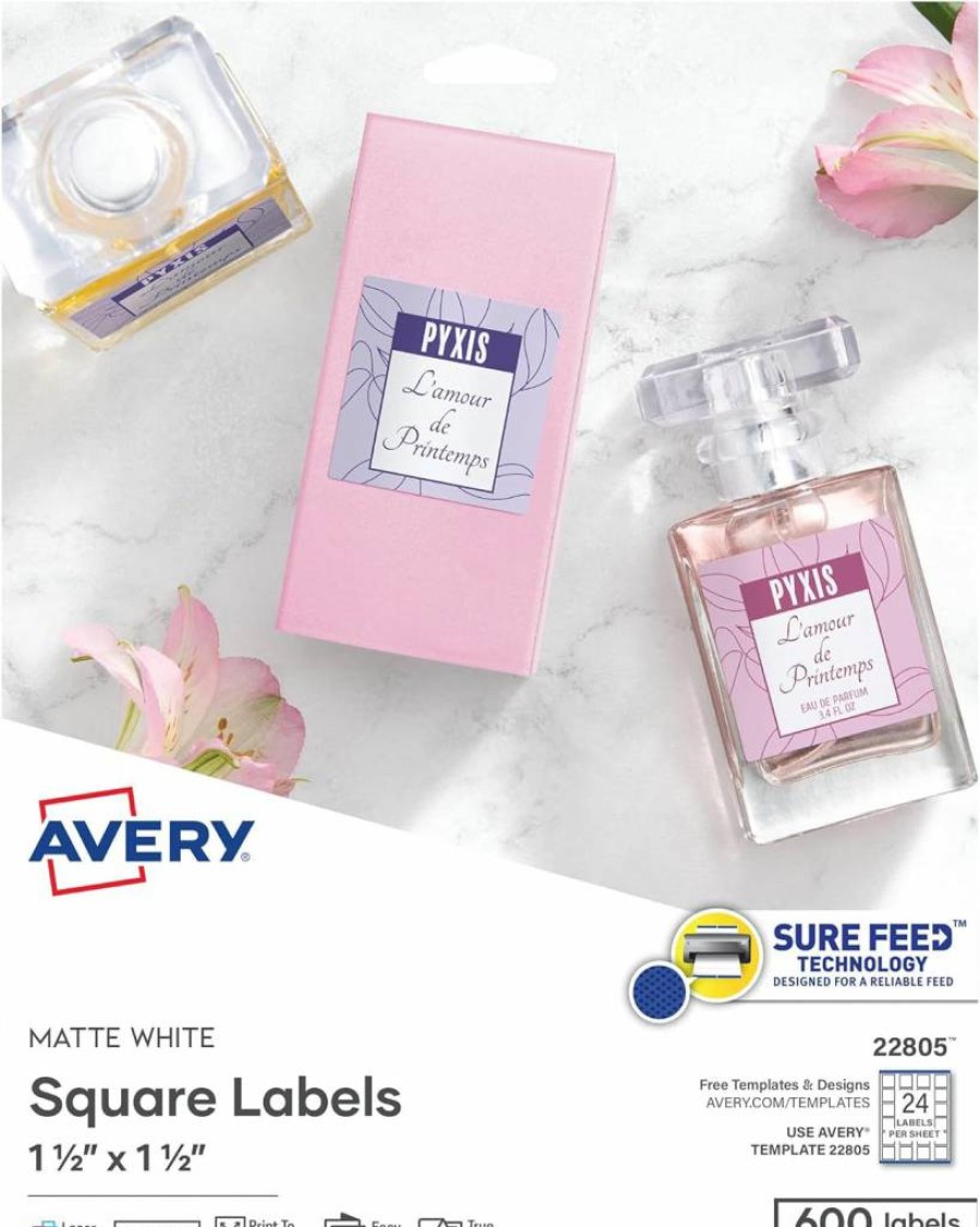 Avery 22805 Matte White Printable Labels, 1.5" x 1.5" Square, 600 Customizable Stickers for Inkjet/Laser Printers