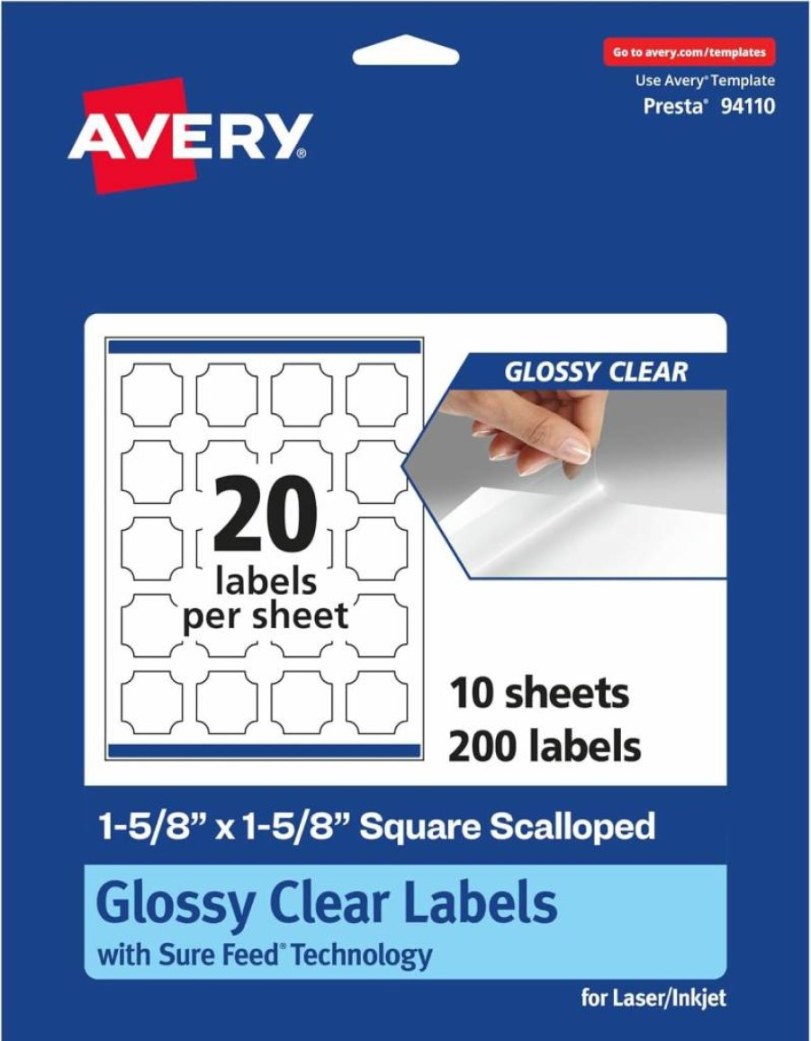 Avery Glossy Clear Scalloped Edge Labels 1-5/8" x 1-5/8" - 200 Pack, Sure Feed for Laser/Inkjet Printers, Print-to-Edge Design