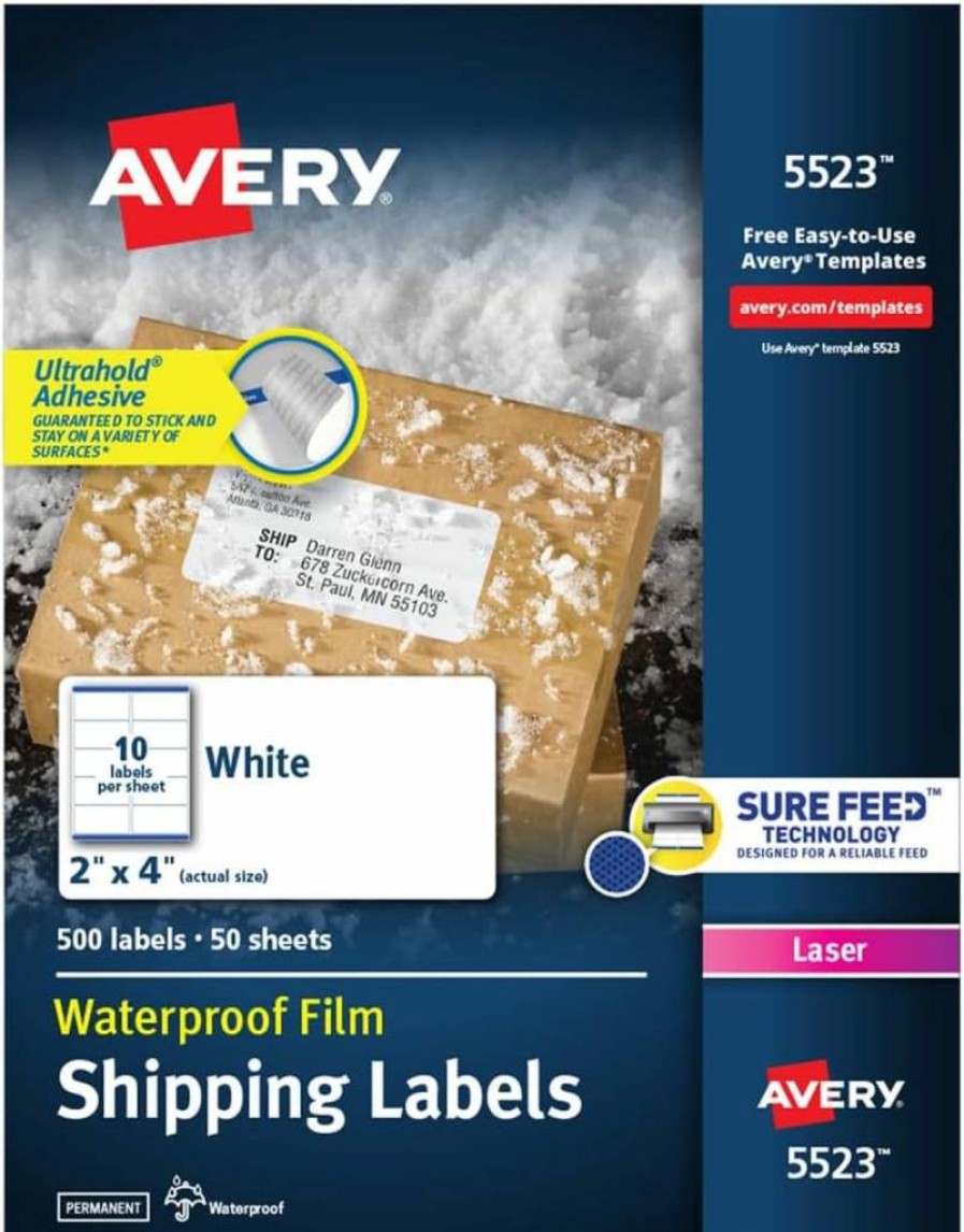 Avery Ultrahold Permanent Waterproof Labels 2" x 4" for Laser Printers, 5-Pack, 2500 Labels Total (05523) - Durable Adhesive for Long-Lasting Use