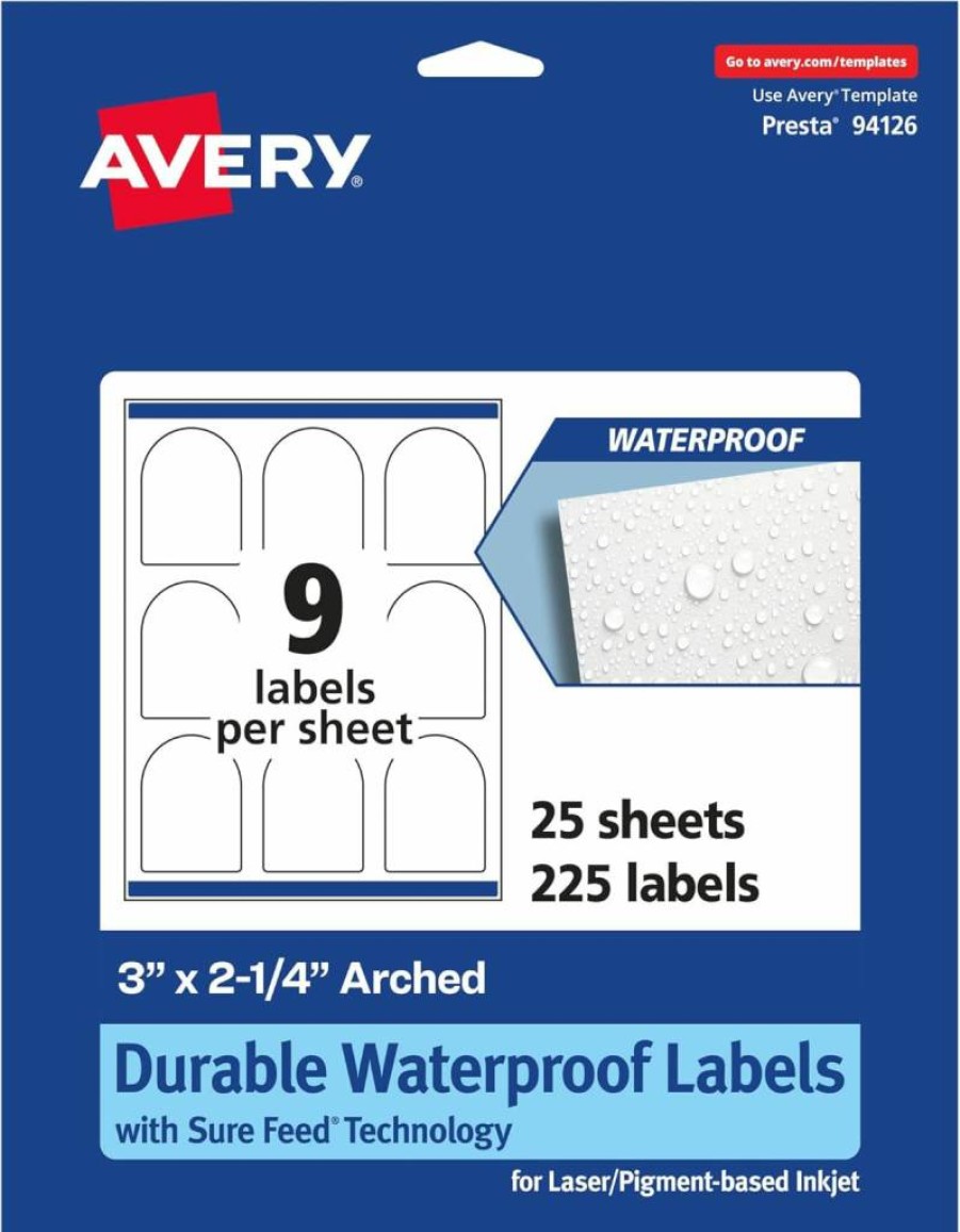 AVERY Sure Feed Waterproof Labels, 3" X 2.25" Arched Design, 90-Pack, Laser & Inkjet Printable, Durable Print-To-The-Edge Labels