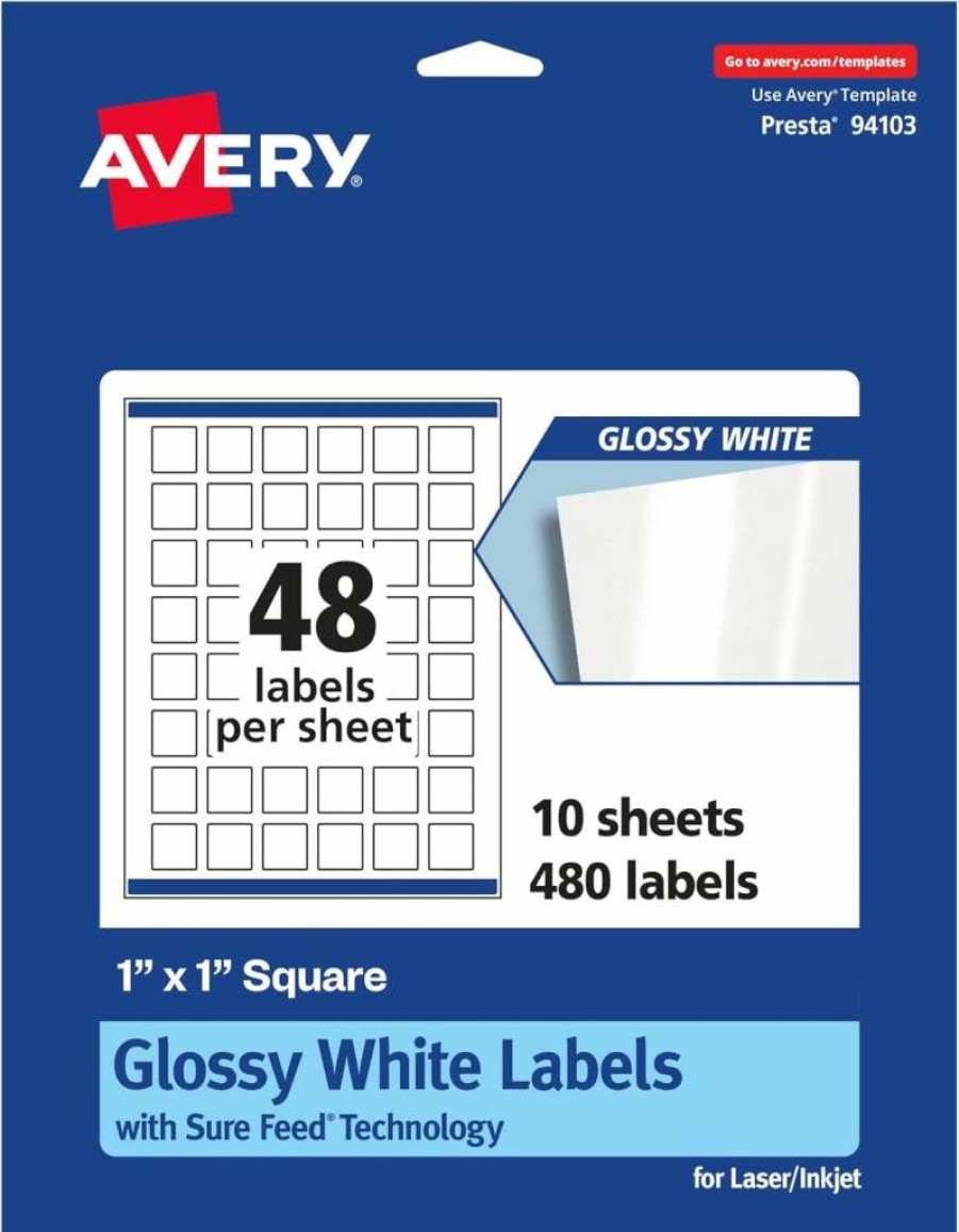 Avery Glossy White 1" x 1" Square Labels, 480 Pack, Permanent Adhesive, Print-To-The-Edge, Sure Feed Technology, Laser/Inkjet Printable