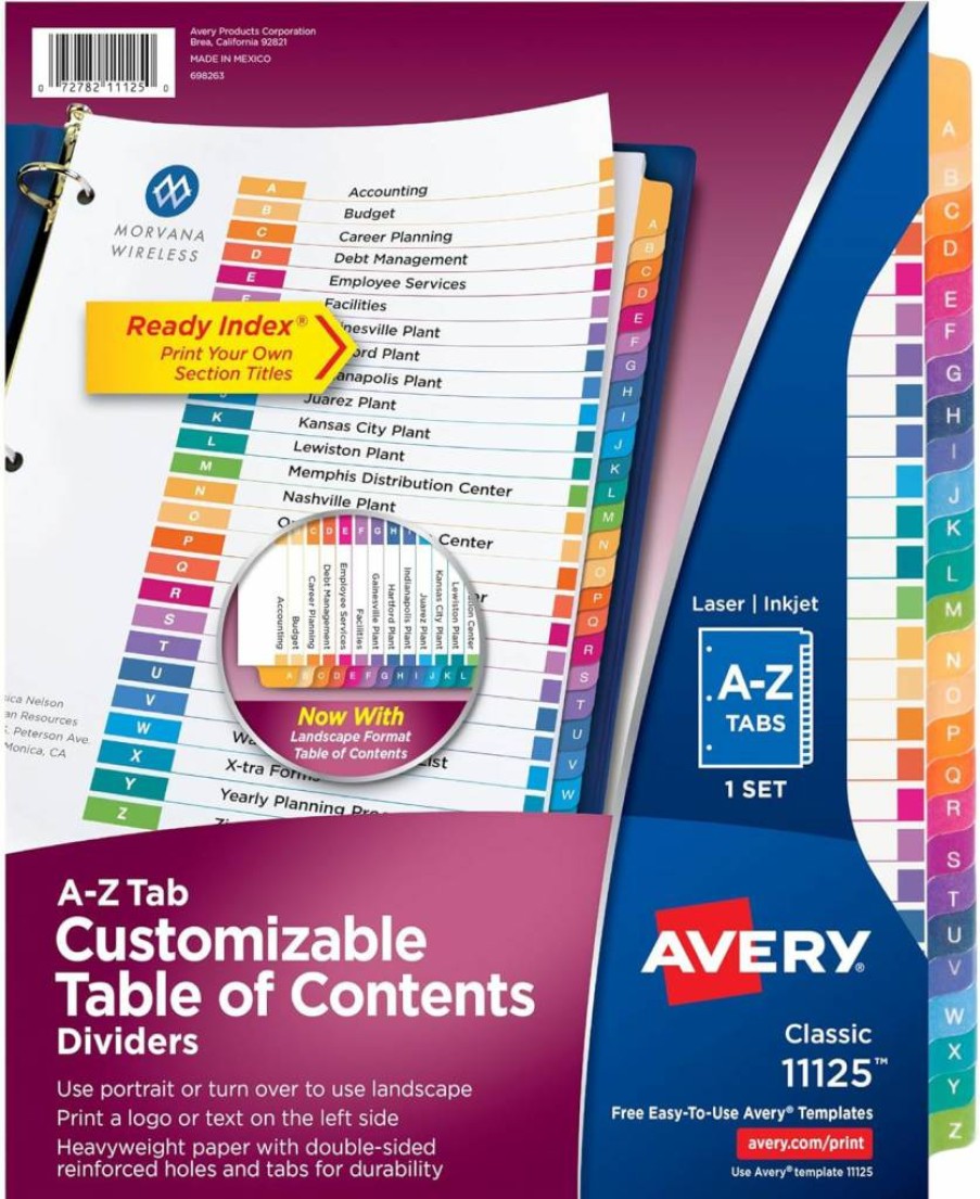 AVERY A-Z Tab Dividers for 3-Ring Binder, Customizable Multicolor Tabs, 1 Set (11125) - Organize with Alphabetical Index