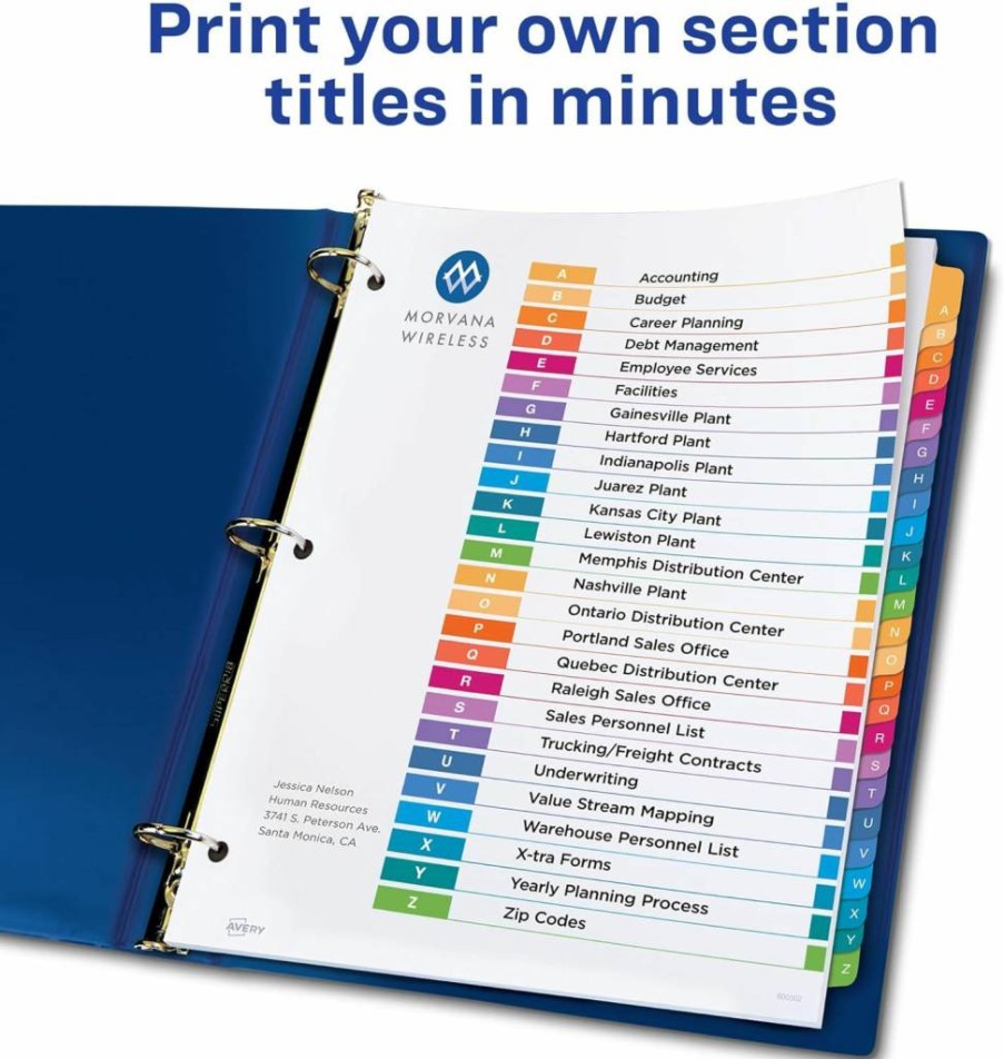 AVERY A-Z Tab Dividers for 3-Ring Binder, Customizable Multicolor Tabs, 1 Set (11125) - Organize with Alphabetical Index