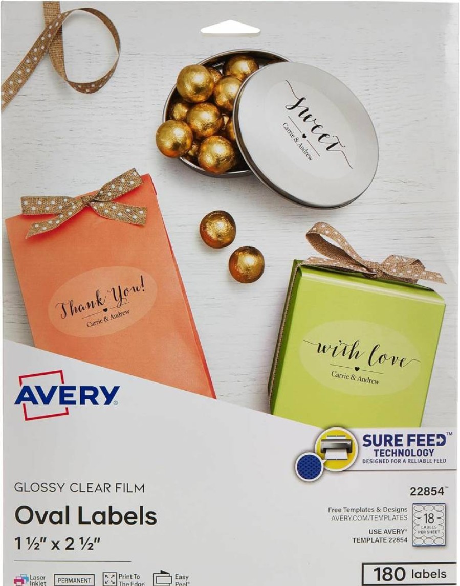 AVERY 22854 Glossy Crystal Clear Oval Labels, 1.5" x 2.5" Printable Blank Stickers, Pack of 180 Customizable Adhesive Labels for DIY & Organization