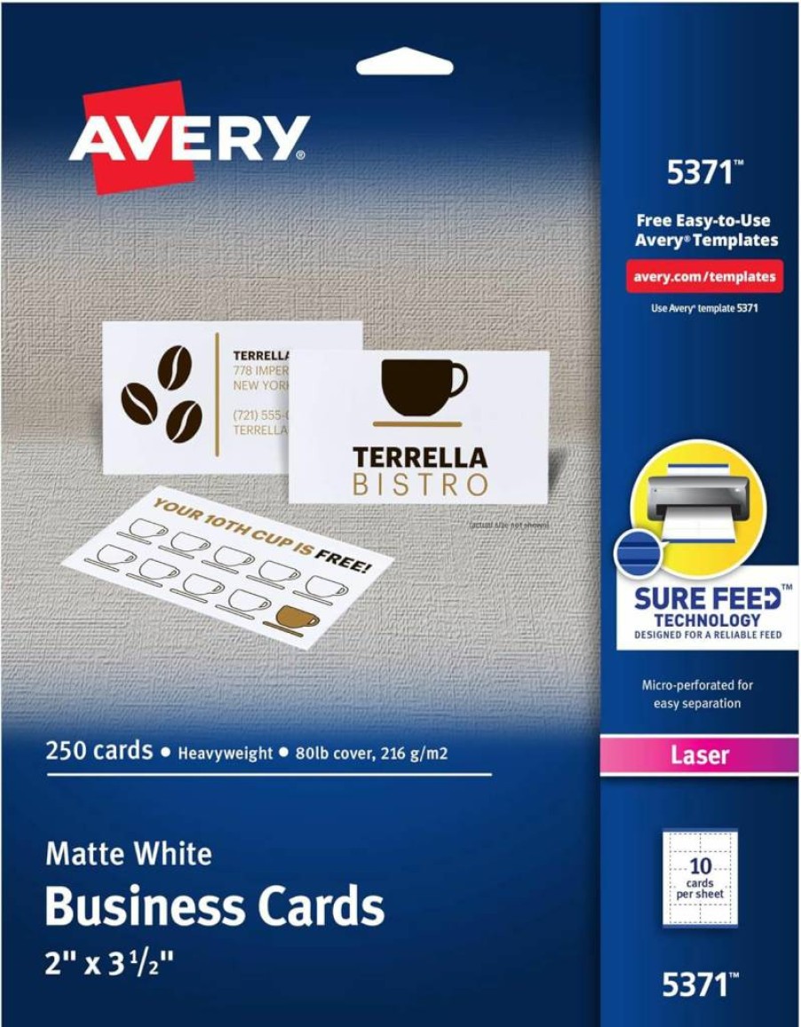AVERY 5371 Printable Blank Business Cards for Laser Printers, 2" x 3.5", White, 250 Cards per Pack, 5 Packs (1,250 Total) with Sure Feed Technology