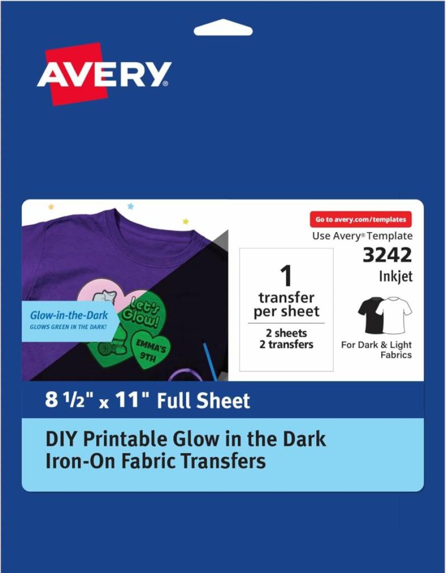 AVERY Glow In The Dark Printable Heat Transfer Paper for Inkjet Printers, 8.5" x 11" Fabric Transfers, 2 Sheets (03242)