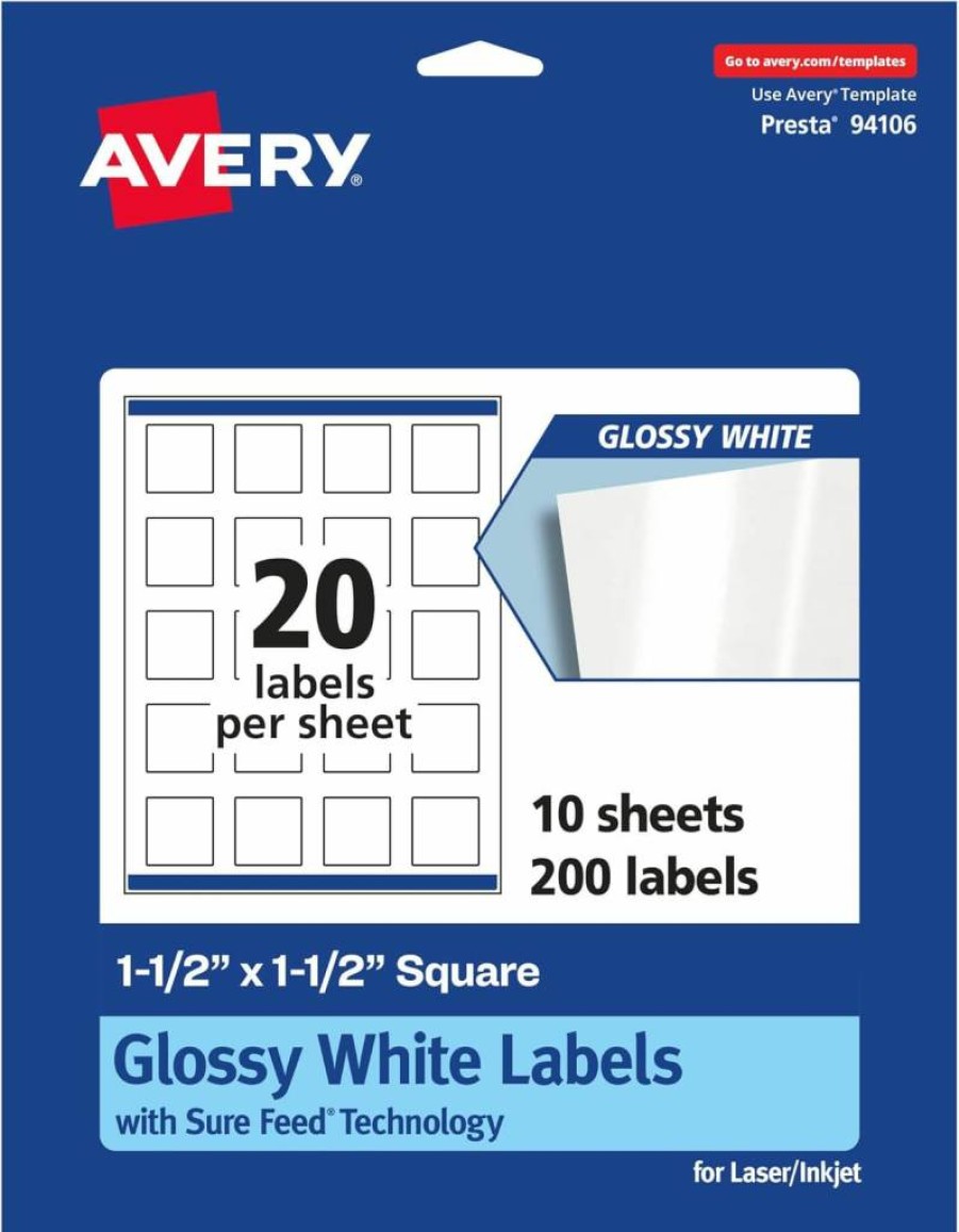 Avery Glossy White 1.5" x 1.5" Square Labels - 200 Pack, Sure Feed Technology, Print-To-The-Edge, Permanent Adhesive, Laser/Inkjet Printable