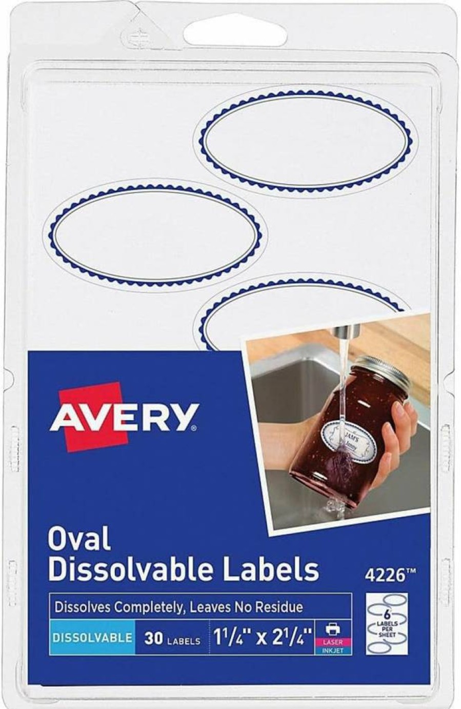 Avery 4226 Dissolvable Oval Labels, 1.125" x 2.25", 30-Pack, Water Soluble, Eco-Friendly, Easy Peel, Multipurpose