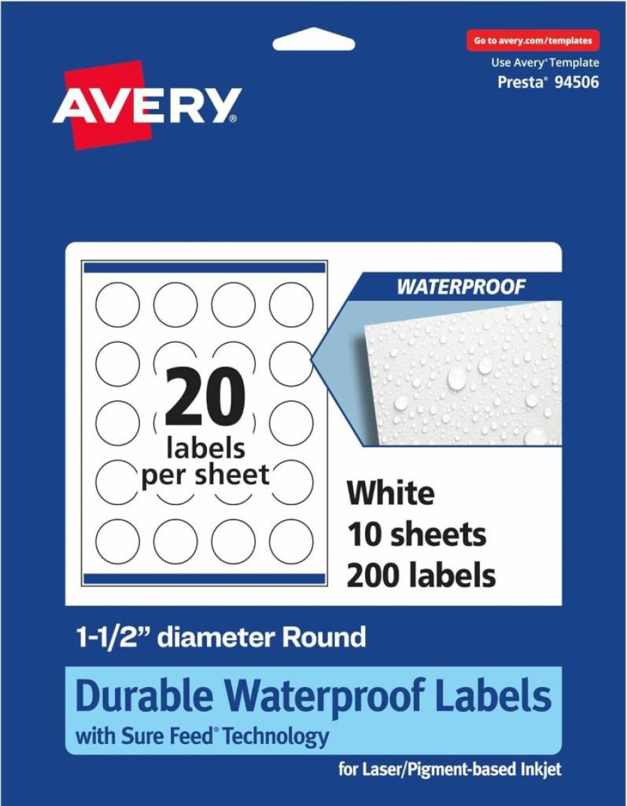 Avery Round Waterproof Labels 1.5" - 100 Pack, Tear & Oil Resistant, Laser/Inkjet Printable, Sure Feed, Print-To-The-Edge Design