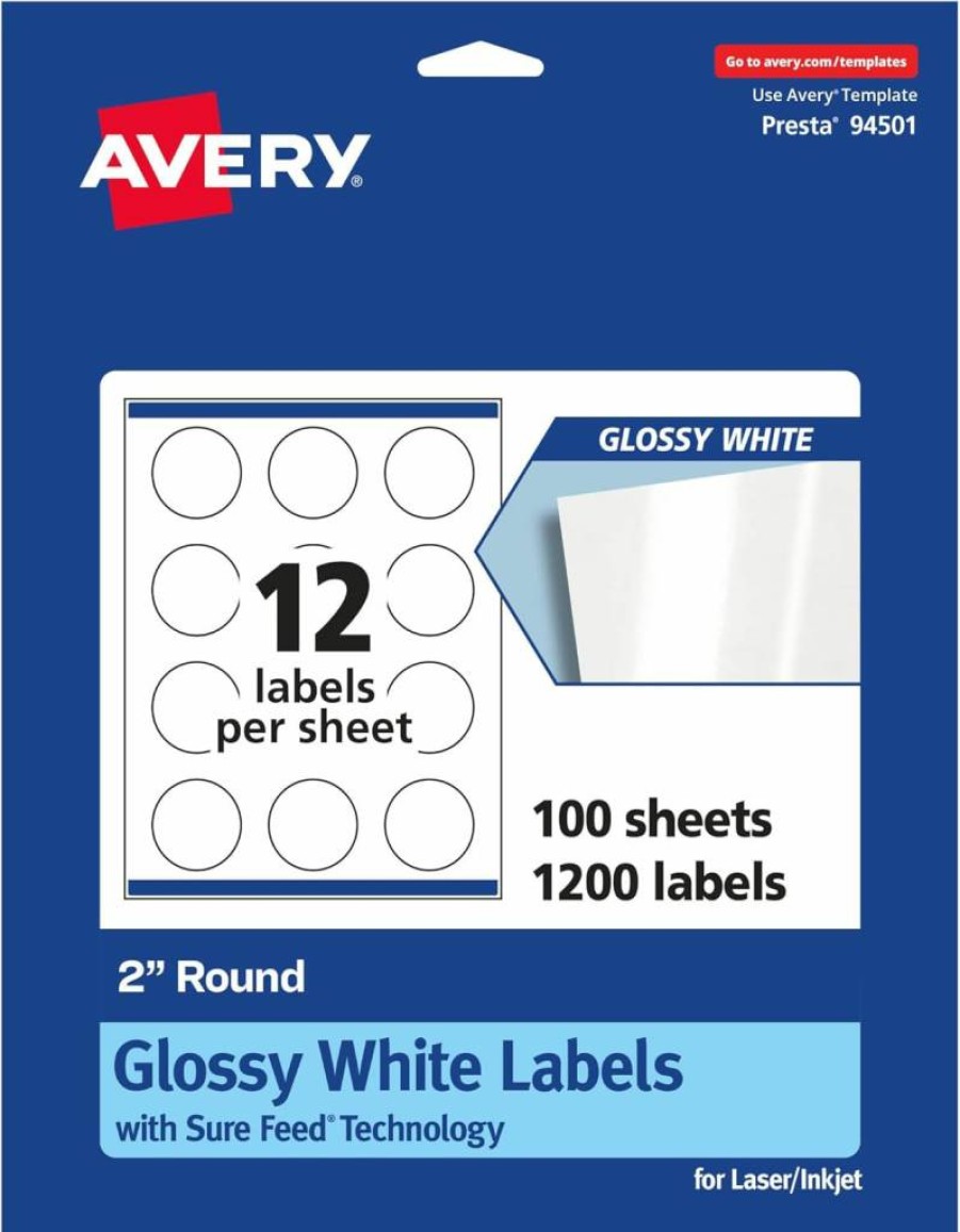 AVERY Recycled Round Labels 2" - Eco-Friendly Matte White, Print-to-Edge, Permanent Adhesive, Laser/Inkjet Printable, 120-Pack
