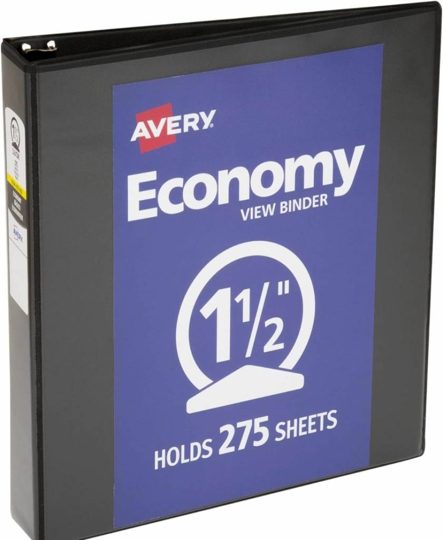 Avery 05771 1.5 Inch Round Ring 3 Ring Binder, Black Economy View Binder for School or Office
