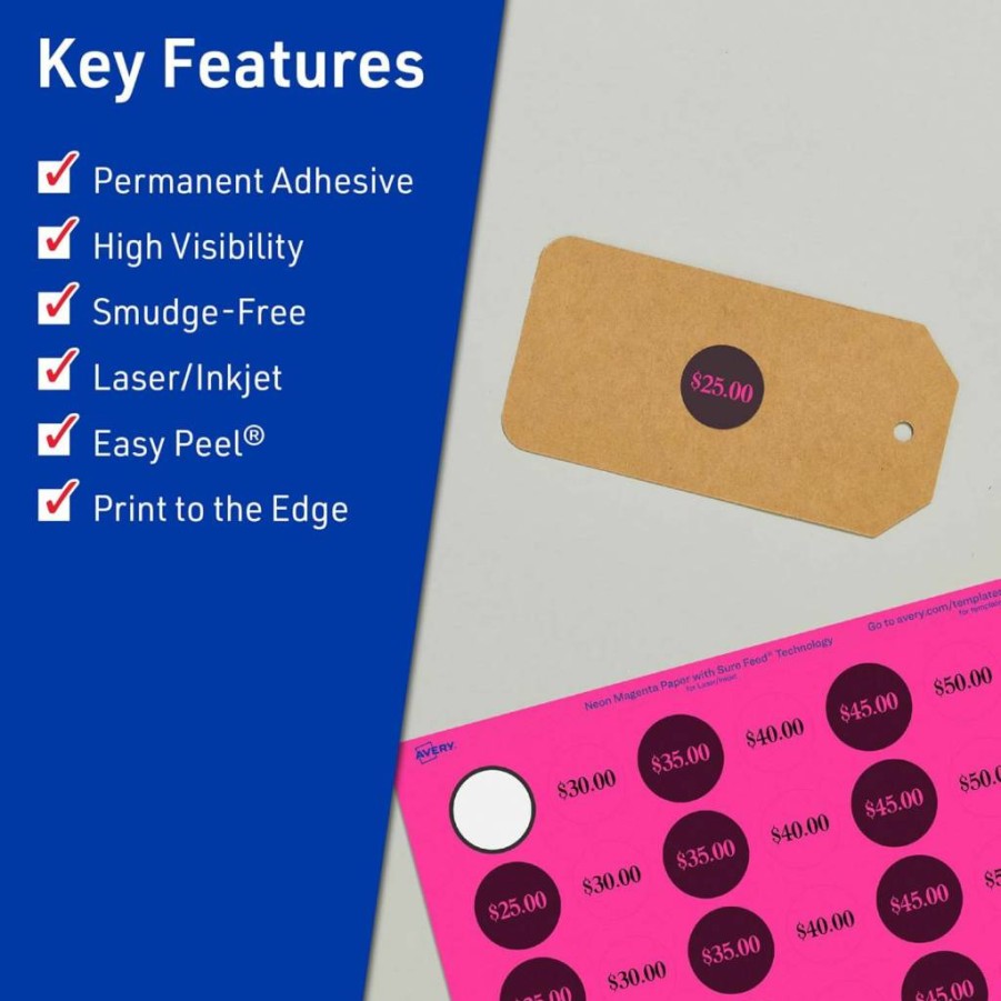 Avery Neon Magenta Printable Round Labels 3/4" Diameter, Sure Feed Technology, 3,200 Pack for Laser/Inkjet Printing, Price Stickers & Mailing Seals