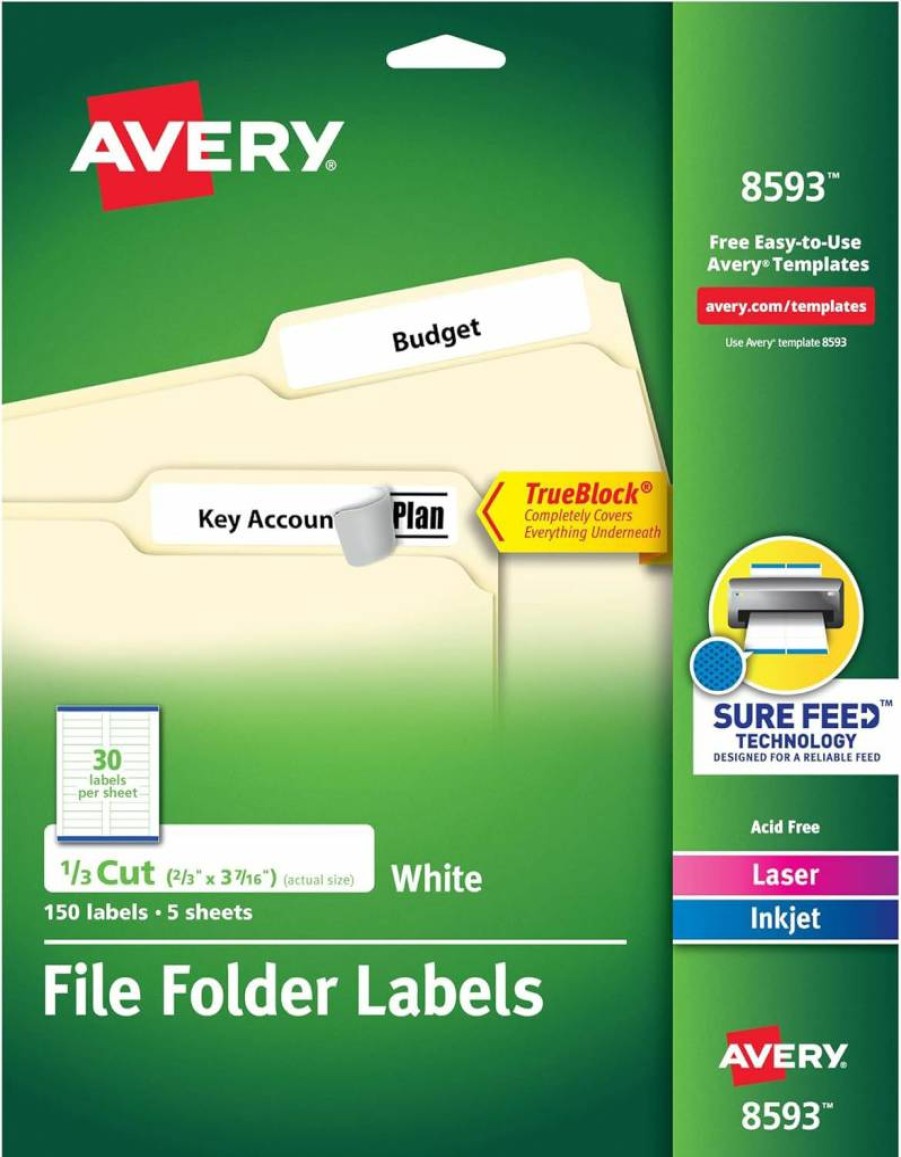 AVERY Trueblock Permanent File Folder Labels 2/3" x 3-7/16" - 150 Laser/Inkjet Printer Compatible Adhesive Labels (08593) for Organizing & Filing