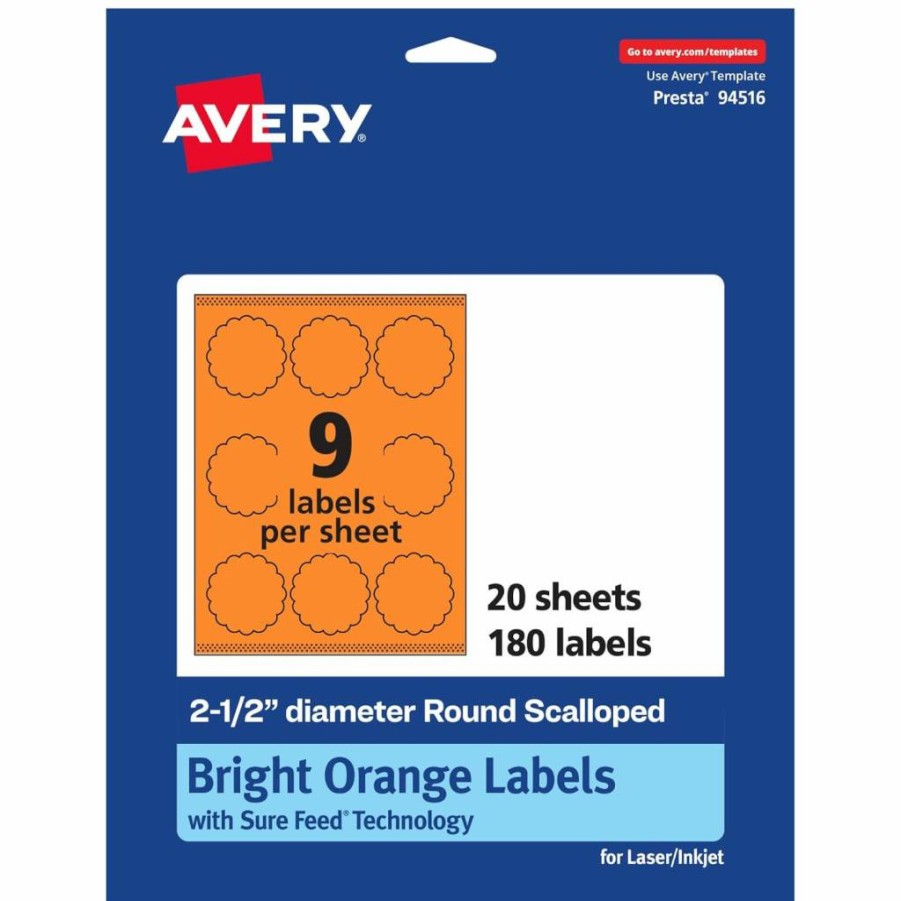 Avery Bright Orange Printable Round Scalloped Labels, 2-1/2" Diameter, Sure Feed Technology, Laser/Inkjet Compatible, Print-To-The-Edge, 90-Pack for Mailing Seals, Candles & Crafts