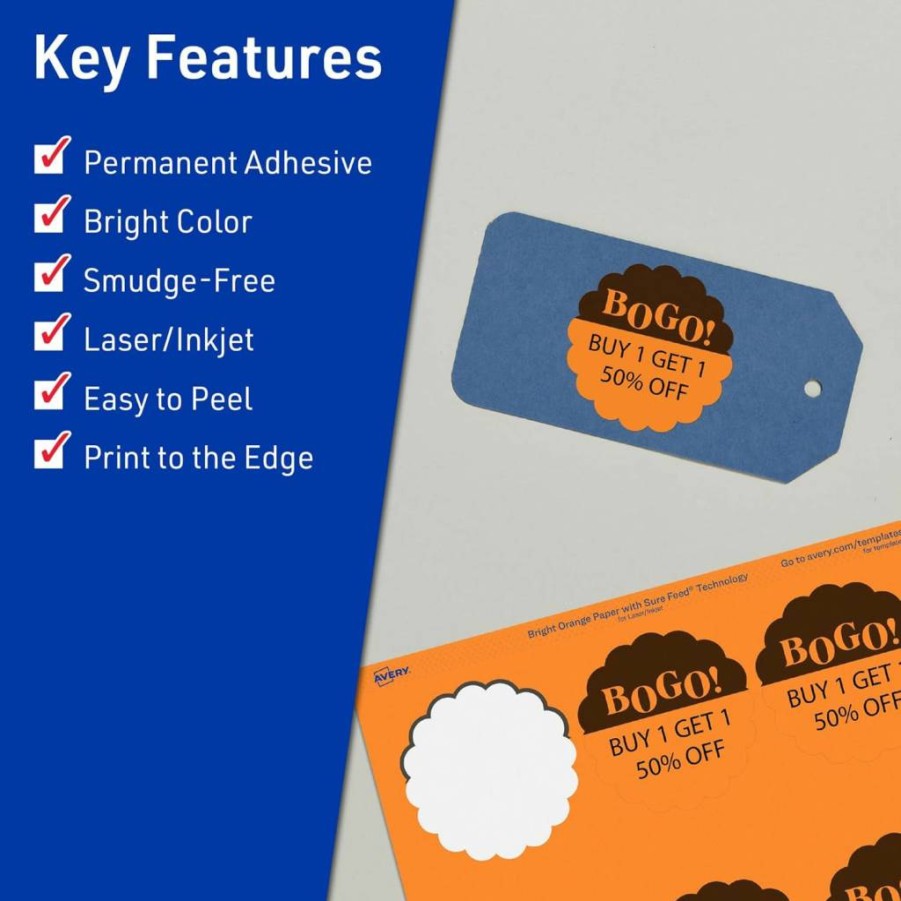 Avery Bright Orange Printable Round Scalloped Labels, 2-1/2" Diameter, Sure Feed Technology, Laser/Inkjet Compatible, Print-To-The-Edge, 90-Pack for Mailing Seals, Candles & Crafts