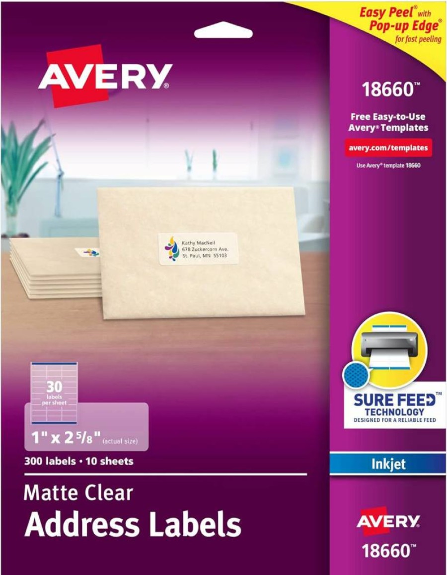 AVERY Matte Clear Address Labels for Inkjet Printers, 1" x 2-5/8" Sure Feed Technology, 300 Labels per Pack (5 Packs Total) - 18660