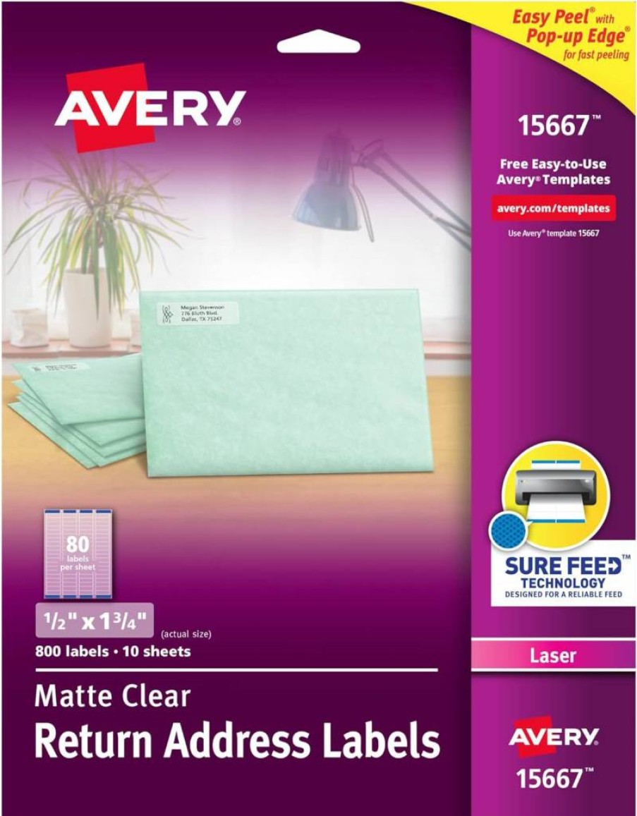 AVERY 5667 Matte Clear Address Labels, 1/2" x 1-3/4", 5 Packs of 400 Labels (2,000 Total), Sure Feed for Laser Printers