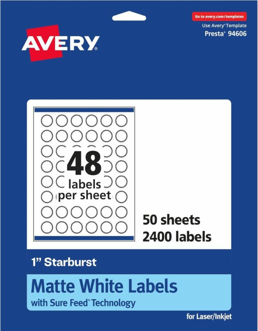 Avery Matte White Starburst Labels 1" Round, 1200 Pack, Sure Feed for Laser/Inkjet Printers, Printable Address Stickers for Shipping, Mailing, Organizing