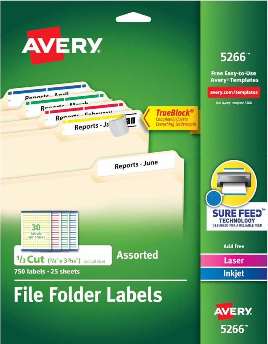 Avery Trueblock Permanent File Folder Labels, 2/3" x 3-7/16", 750 Printable Labels in Assorted Colors (5266)