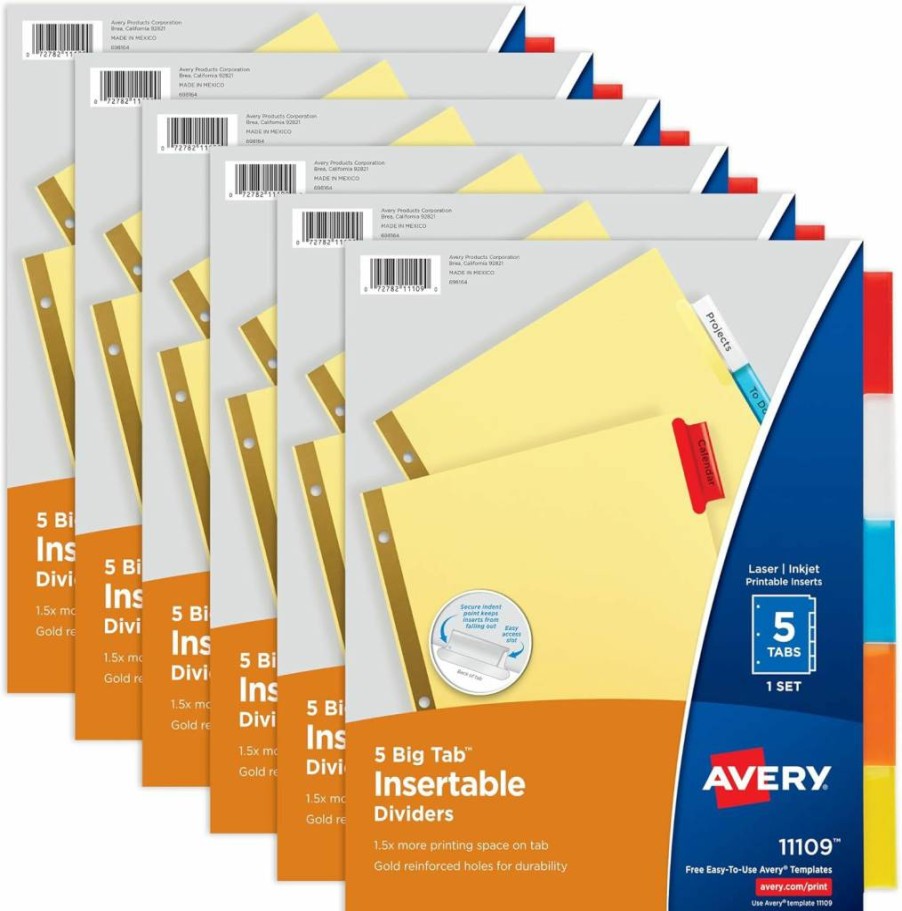 AVERY 11109 5-Tab Multicolor Insertable Binder Dividers, 6 Sets with Big Tabs for Organizers and Folders
