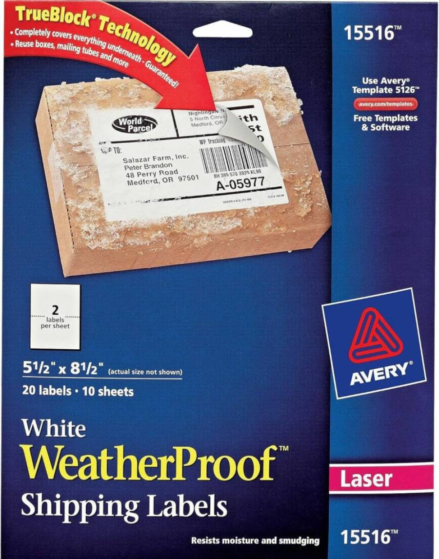 Avery 15516 Waterproof Printable Shipping Labels 5.5" x 8.5" White 20-Pack Blank Mailing Labels with Sure Feed Technology