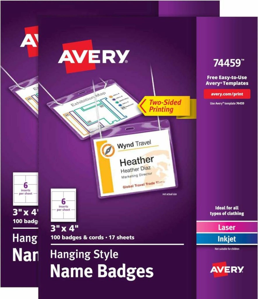 Avery 74520 Printable Name Badges, 3" x 4" Cord Hanging Name Tags, Laser/Inkjet Compatible, Customizable Inserts, 50-Pack