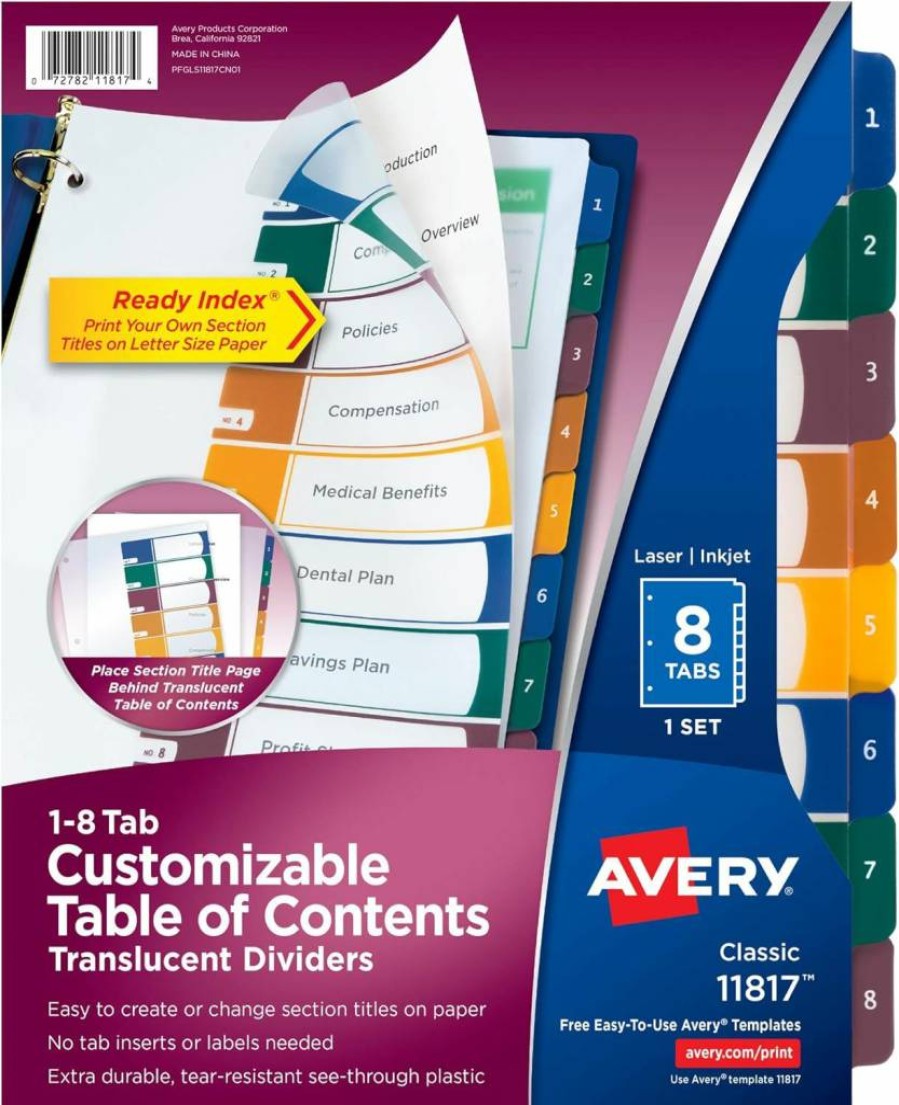 Avery 8-Tab Customizable Binder Dividers Set with Multicolor Tabs - 11817 for Organized Table of Contents