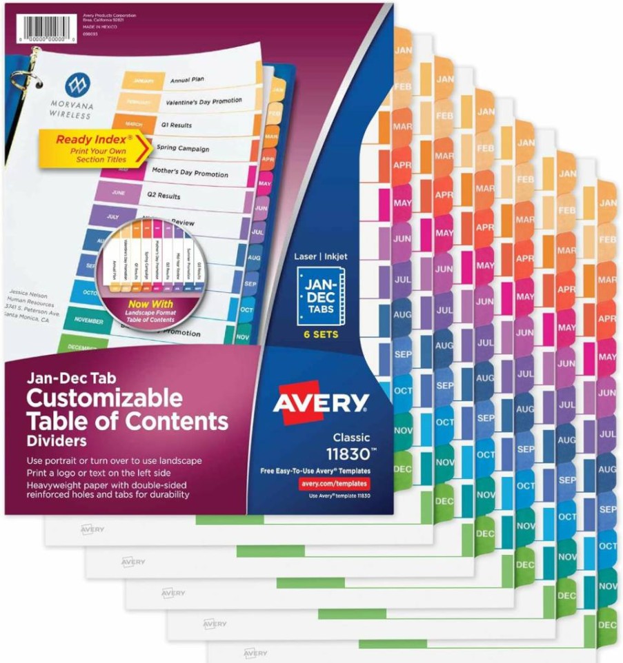 Avery 12-Tab Monthly Dividers for 3-Ring Binders, Customizable Jan-Dec Index Tabs, Multicolor Printable Set of 6 (11830)
