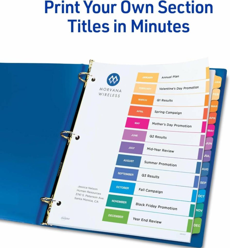 Avery 12-Tab Monthly Dividers for 3-Ring Binders, Customizable Jan-Dec Index Tabs, Multicolor Printable Set of 6 (11830)