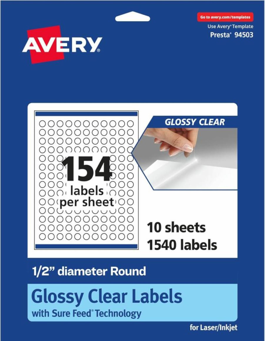 Avery Glossy Clear Round Labels 0.5" Diameter, 1,540 Pack, Sure Feed Technology, Print-To-The-Edge, Laser/Inkjet Printable, Waterproof