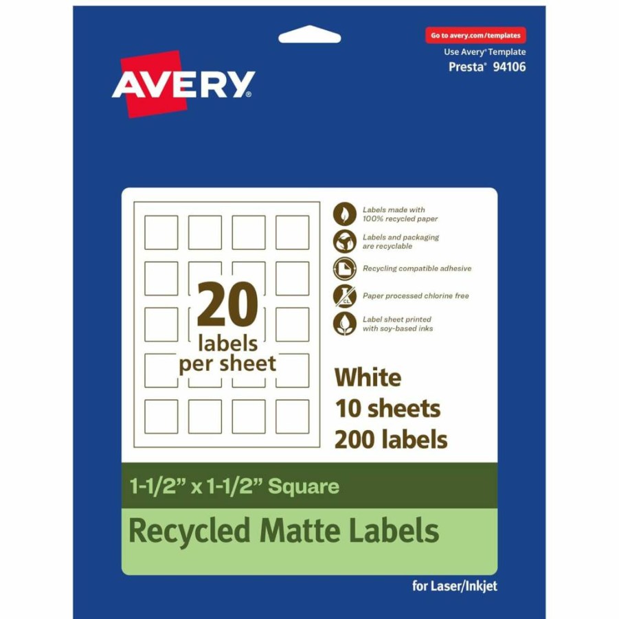 Avery Recycled Matte White Square Labels 1.5" x 1.5" - Print-to-the-Edge, Permanent Adhesive, Eco-Friendly, Laser/Inkjet Printable, 200 Count