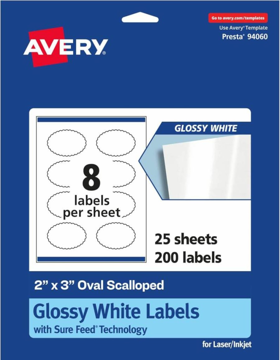 Avery Glossy White Oval Scalloped Labels 2" x 3" - 200 Pack, Sure Feed Technology, Print-to-the-Edge, Permanent Adhesive, Laser/Inkjet Printable