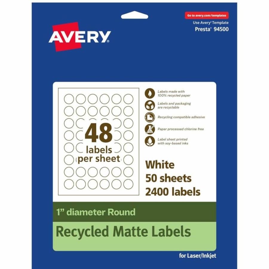 Avery Recycled Round Labels 1" - Eco-Friendly Matte White, Print-to-Edge, Permanent Adhesive, Laser/Inkjet Printable, 480 Pack