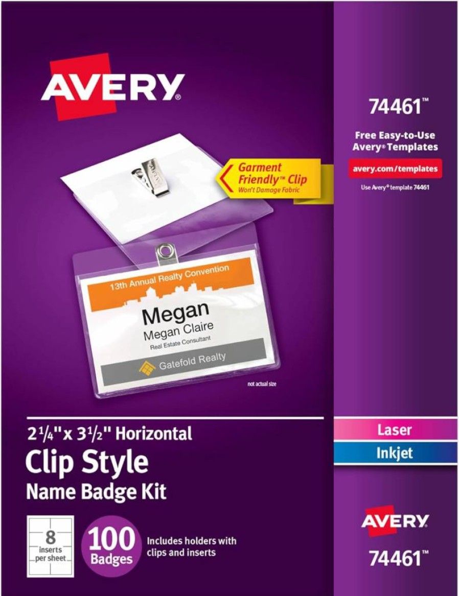 AVERY 74461 Customizable Name Badges, 2.25" x 3.5" Clip-On Clear Name Tag Holders, 100-Pack with White Printable Inserts for Laser/Inkjet Printing