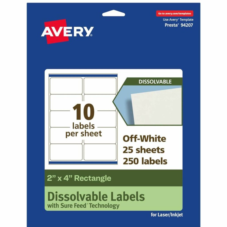 AVERY Dissolvable 2" x 4" Rectangle Labels, Matte White, 250-Pack, Laser/Inkjet Printable, Sure Feed Technology, Freezer/Microwave/Refrigerator Safe