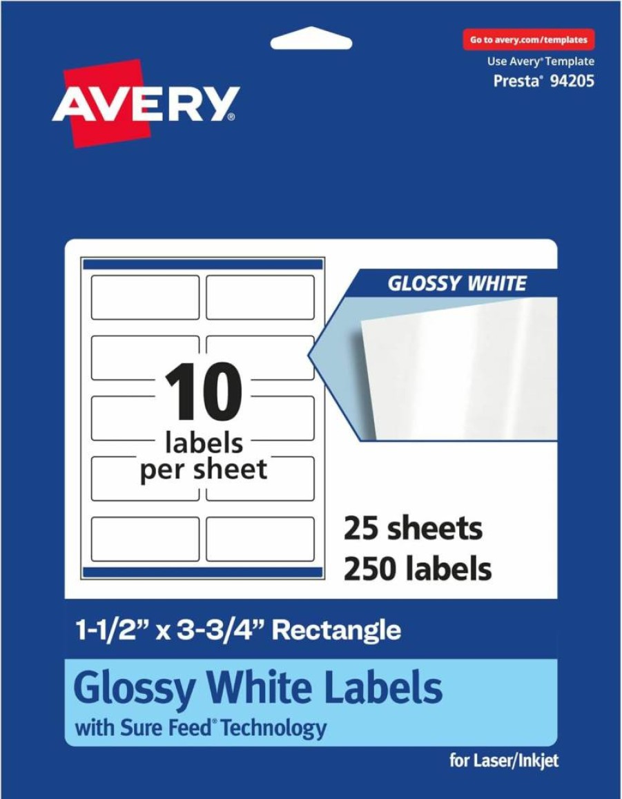Avery Glossy White Rectangle Labels 1.5" x 3.75" - 100 Pack, Sure Feed Technology, Print-To-The-Edge Design, Permanent Adhesive, Laser/Inkjet Compatible