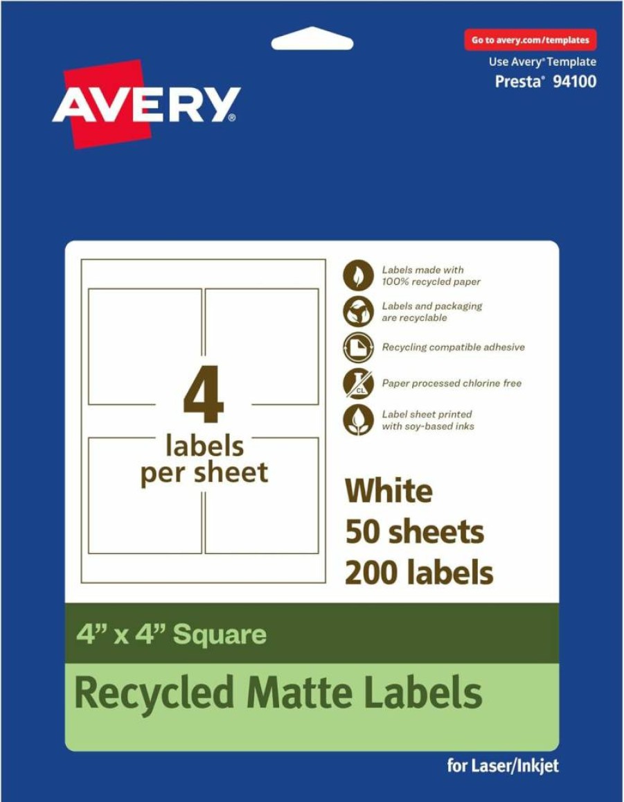 Avery Recycled Eco-Friendly 4" x 4" Square Labels - Matte White, Permanent Adhesive, Laser/Inkjet Printable, 40-Pack