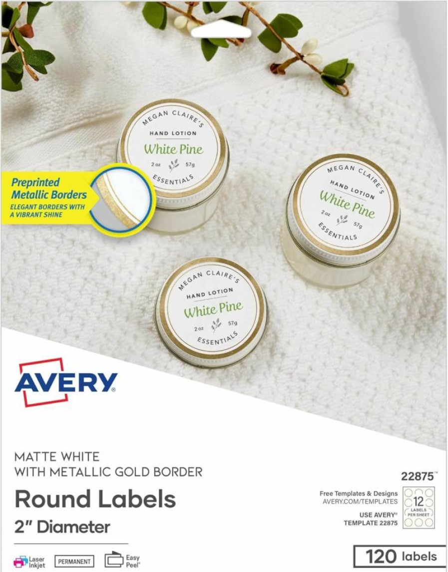 AVERY 22875 Round Printable Labels, 2 Inch Matte White with Gold Metallic Border, 120 Blank Permanent Adhesive Stickers for Weddings, Holidays, Gifts, and DIY Crafts