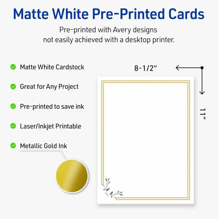 AVERY Gold & Navy Floral Border Printable Cardstock, 8.5" x 11" Matte White Paper, 10 Sheets for Laser/Inkjet Printing, Craft Paper for DIY Projects