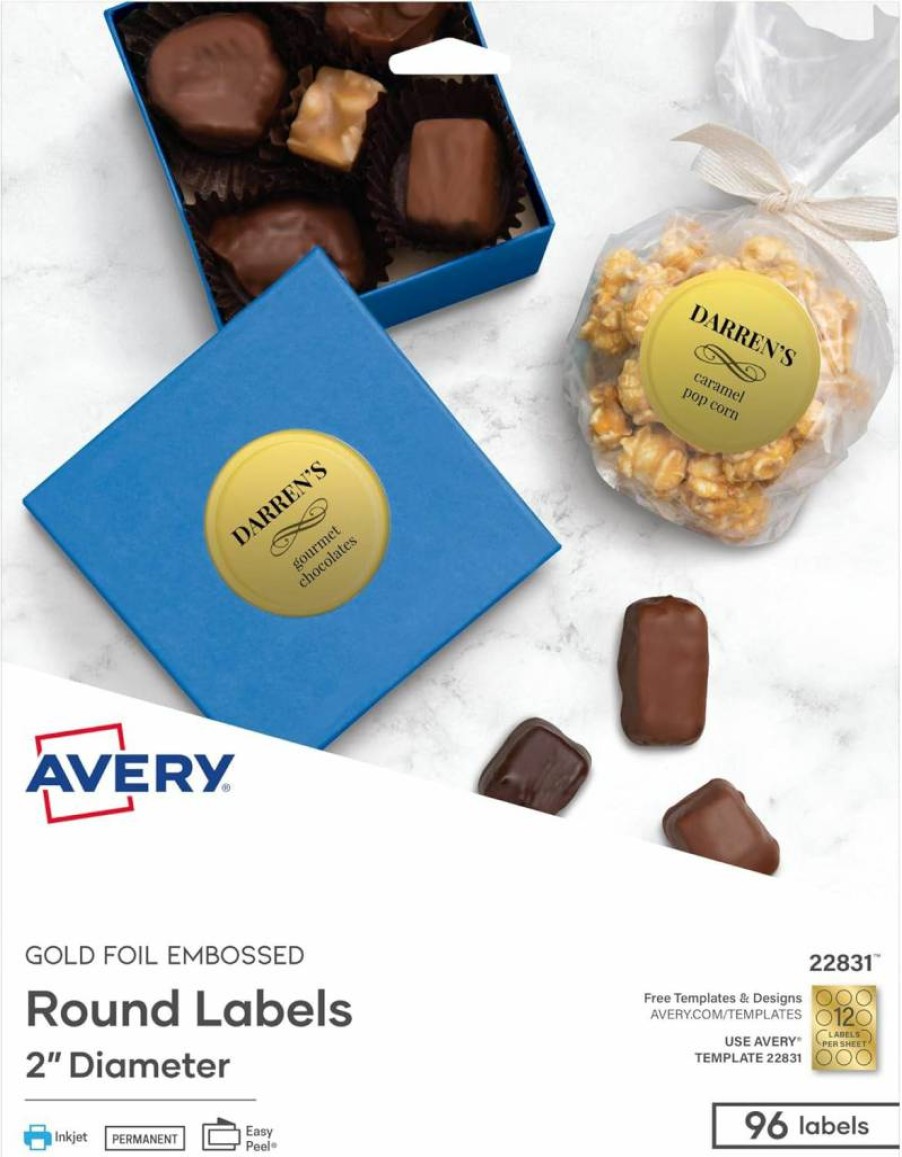 Avery Gold Foil Round Labels 2 Inch - Printable, Embossed, Customizable - 96 Pack (22831)