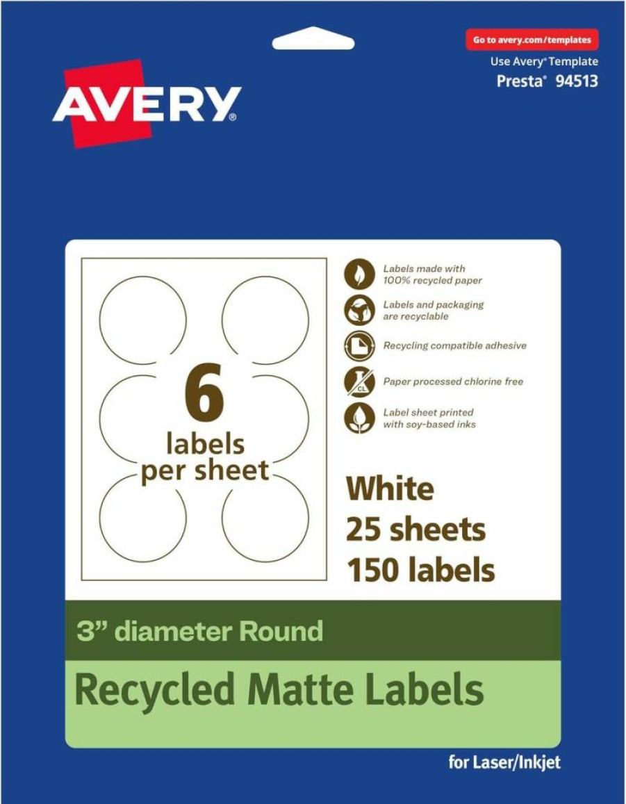 AVERY Recycled Round Labels 3" - Eco-Friendly Matte White, Print-to-Edge, Permanent Adhesive, Laser/Inkjet Printable, 60-Pack