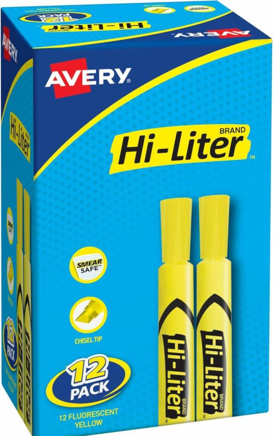 AVERY 98035 Smear Safe Chisel Tip Highlighters, 12 Yellow Hi-Liter Desk-Style Markers for Office & School Supplies