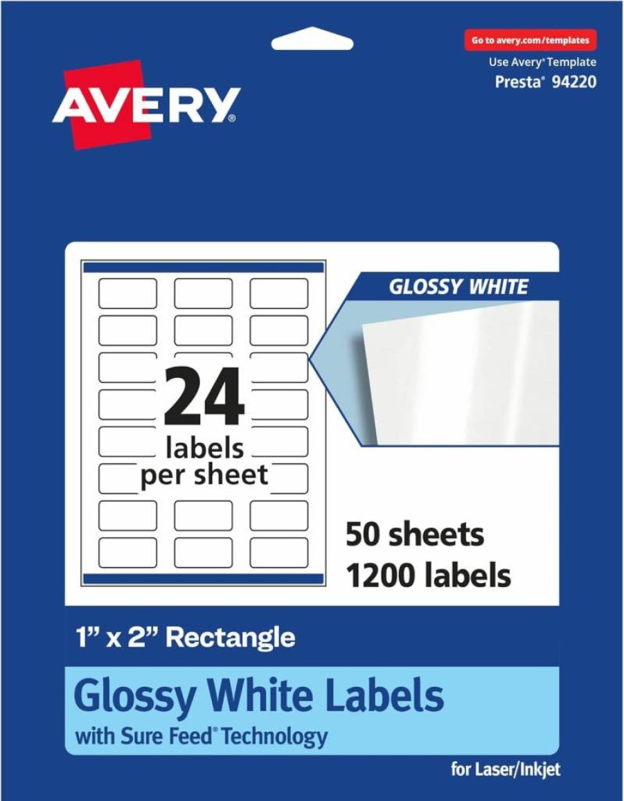 Avery Glossy White 1" x 2" Rectangle Labels - 240 Pack, Sure Feed Technology, Print-to-the-Edge, Permanent Adhesive, Laser/Inkjet Printable
