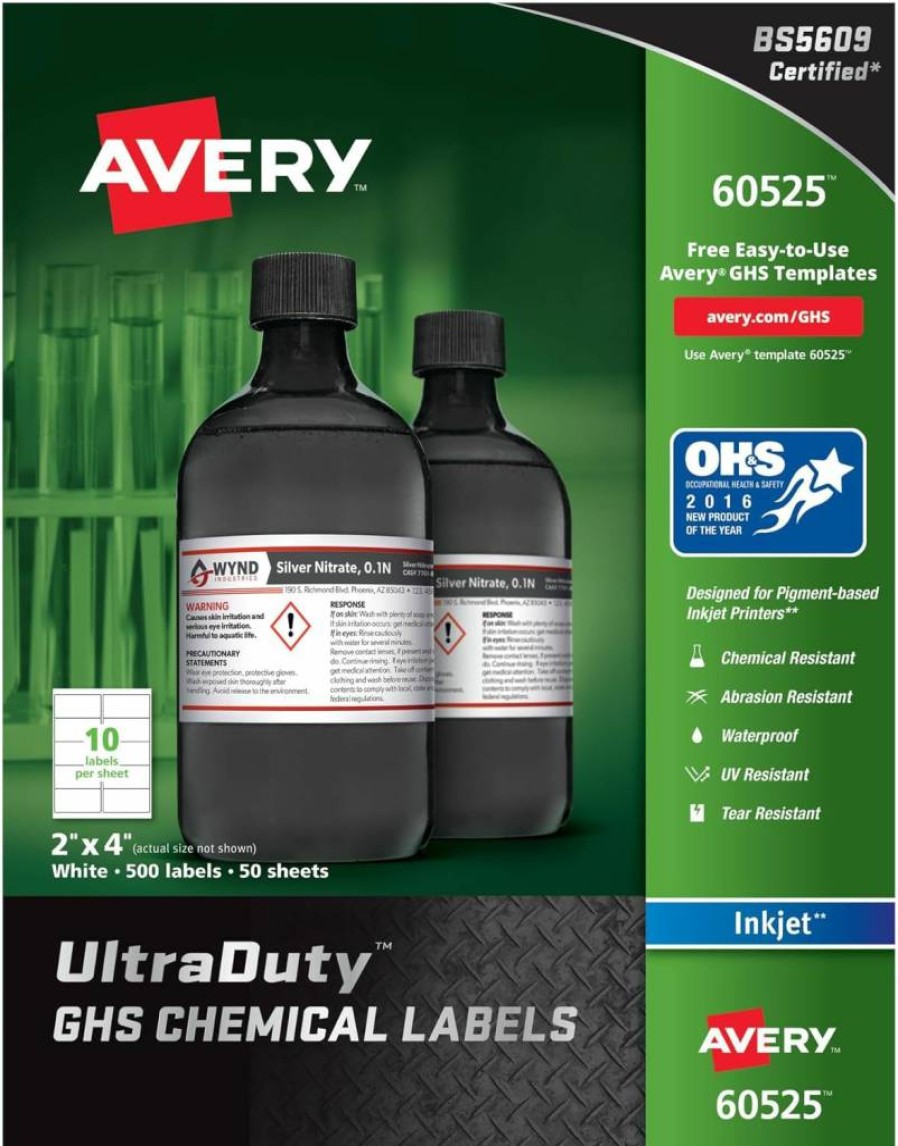 AVERY Ultraduty GHS Chemical Labels 2"x4" Waterproof UV Resistant for Inkjet Printers, 500-Pack (60525) Industrial Durable Hazard Safety Stickers