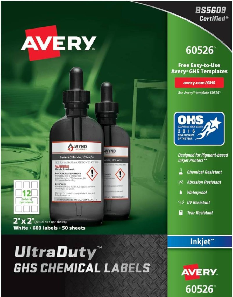 AVERY 60526 Ultraduty GHS Chemical Labels 2x2 Inch, 600-Pack, Waterproof & UV Resistant for Pigment Inkjet Printers
