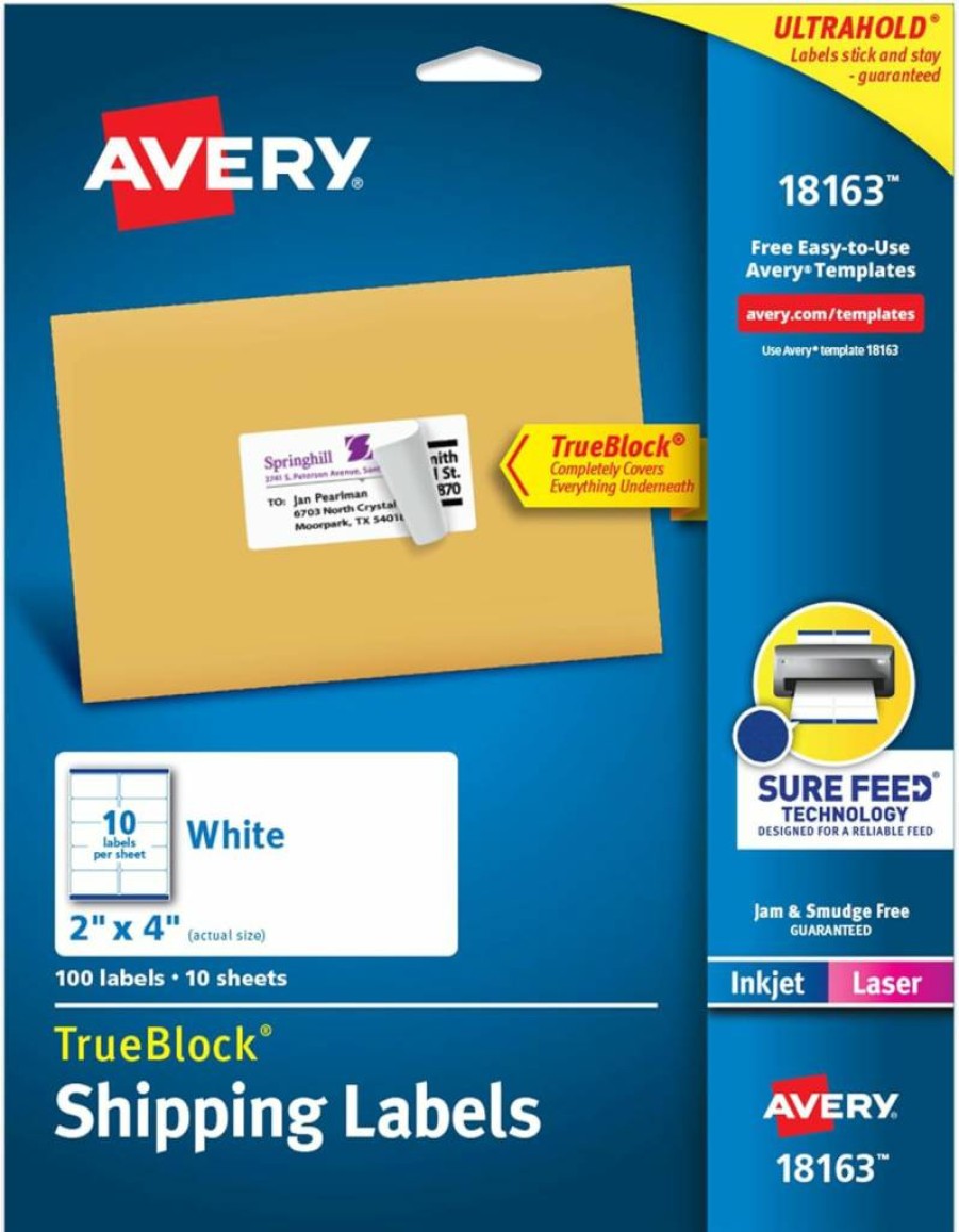 AVERY 8163 Printable Shipping Labels, 2" x 4" White Blank Mailing Stickers, 250 Pack, Sure Feed Technology for Reliable Printing, Customizable for Shipping, Mailing & Address Labels
